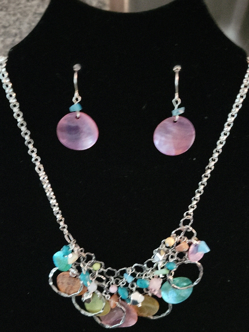 Colorful Bead & Shell Pendant Necklace with Pink Shell Earrings!